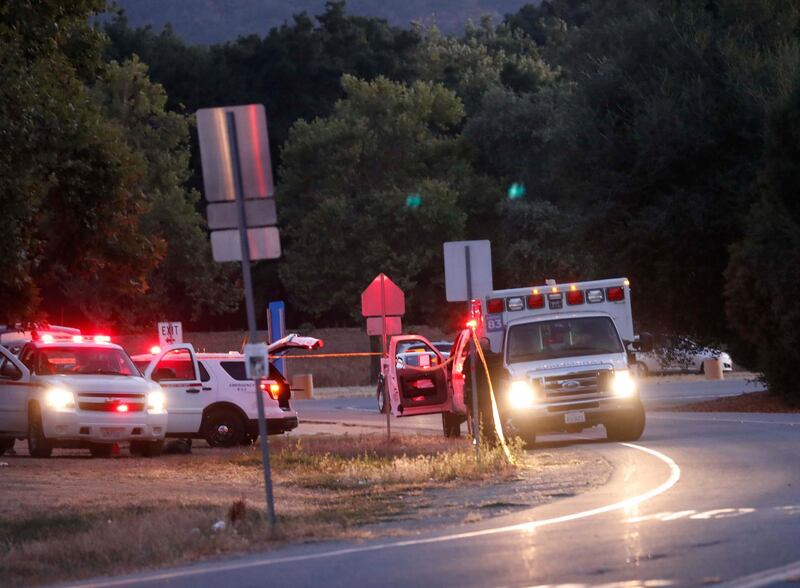 Emergency services at the scene at the entrance of Christmas Hill Park, where the Gilroy Garlic Festival was taking place.  EPA