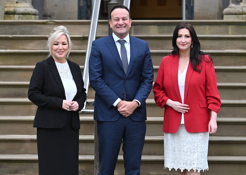 Michelle O'Neill, First Minister of Northern Ireland, Mr Varadkar and Emma Little-Pengelly, Deputy First Minister, at Stormont Castle in Belfast in February 2024. Getty Images