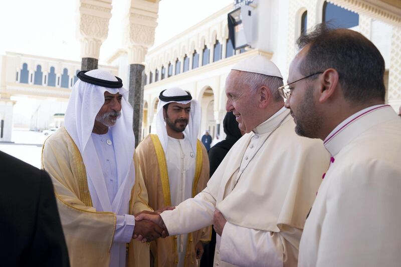 ABU DHABI, UNITED ARAB EMIRATES - February 05, 2019: Day three of the UAE Papal visit - HH Sheikh Nahyan bin Mubarak Al Nahyan, UAE Minister of State for Tolerance (L), bids farewell to His Holiness Pope Francis, Head of the Catholic Church (R), at the Presidential Airport. 


( Mohamed Al Hammadi / Ministry of Presidential Affairs )
---