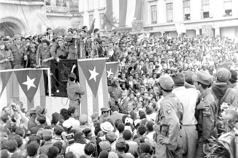 Fidel Castro addresses a crowd in front of the presidential palace in Havana in January 1959. Castro, who led a rebel army to improbable victory in Cuba, embraced Soviet-style communism and defied the power of 10 US presidents during his half century rule, died at age 90 on November 25, 2016. Harold Valentine / AP Photo