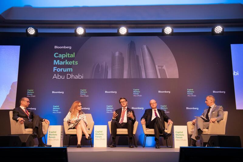 Manus Cranny, Bloomberg TV, moderates panel at Bloomberg Capital Markets Forum in Abu Dhabi.