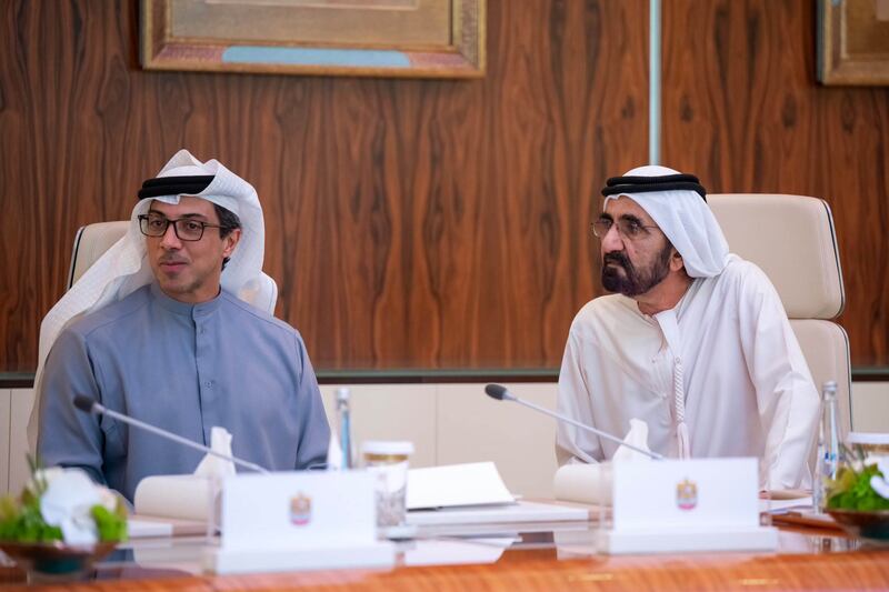 Sheikh Mohammed with Sheikh Mansour bin Zayed, Vice President, Deputy Prime Minister and Chairman of the Presidential Court, during the meeting