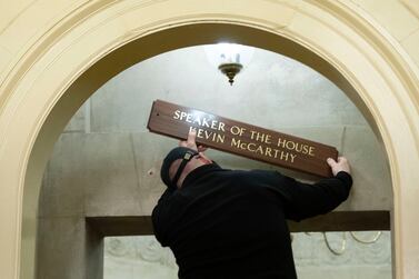 The sign at the office of House Speaker Kevin McCarthy of Calif. , is installed on Capitol Hill in Washington, early Saturday, Jan.  7, 2023.  (AP Photo / Jose Luis Magana)