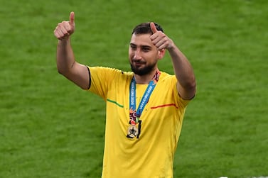 Goalkeeper Gianluigi Donnarumma of Italy gives the thumbs up after the UEFA EURO 2020 final between Italy and England in London, Britain, 11 July 2021.  Italy won the match in penalty shoot-out.   EPA/Facundo Arrizabalaga / POOL (RESTRICTIONS: For editorial news reporting purposes only.  Images must appear as still images and must not emulate match action video footage.  Photographs published in online publications shall have an interval of at least 20 seconds between the posting. )