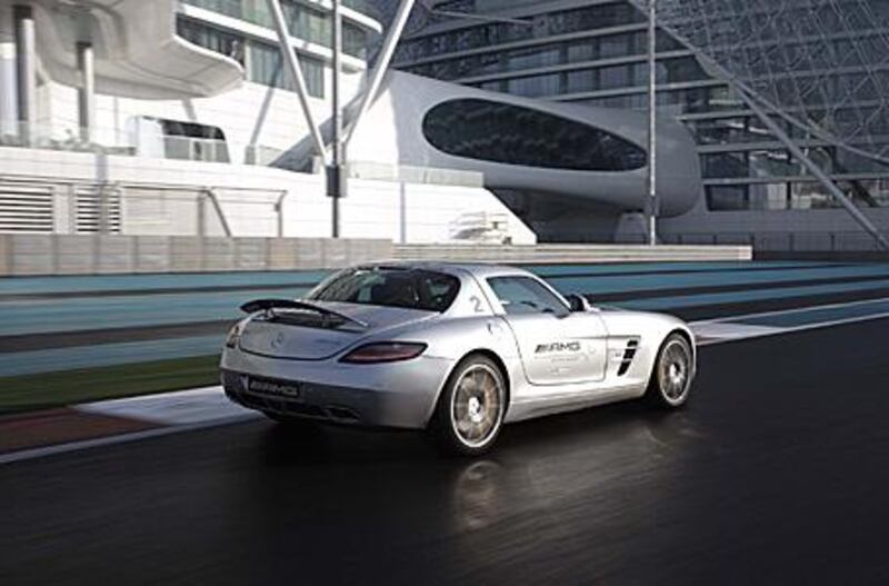 What's not to like? The SLS AMG looks magnificent from every angle and those trademark gull-wing doors are sure to be attention grabbers wherever the new Mercedes supercar goes - even at the stellar Yas Marina Circuit.