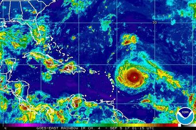 This Monday, Sept. 4, 2017, satellite image provided by the National Oceanic and Atmospheric Administration shows Hurricane Irma nearing the eastern Caribbean. Hurricane Irma grew into a powerful Category 4 storm Monday. (NOAA via AP)