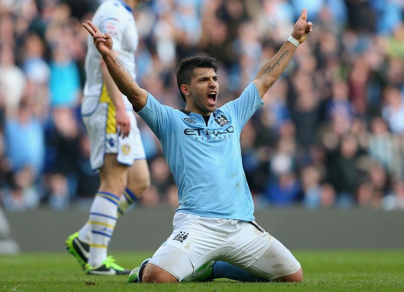MANCHESTER, ENGLAND - FEBRUARY 17:  Sergio Aguero of Manchester City celebrates scoring his team's fourth goal during the FA Cup with Budweiser Fifth Round match between Manchester City and Leeds United at the Etihad Stadium on February 17, 2013 in Manchester, England.  (Photo by Alex Livesey/Getty Images)