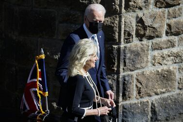 US President Joe Biden and First Lady Jill Biden after attending a Sunday service at the Sacred Heart Church in St Ives on the final day of the G7 summit in Carbis Bay, Cornwall. Bloomberg