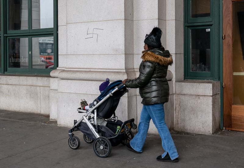 A hand-drawn swastika is seen on the front of Union Station near the Capitol in Washington. AP