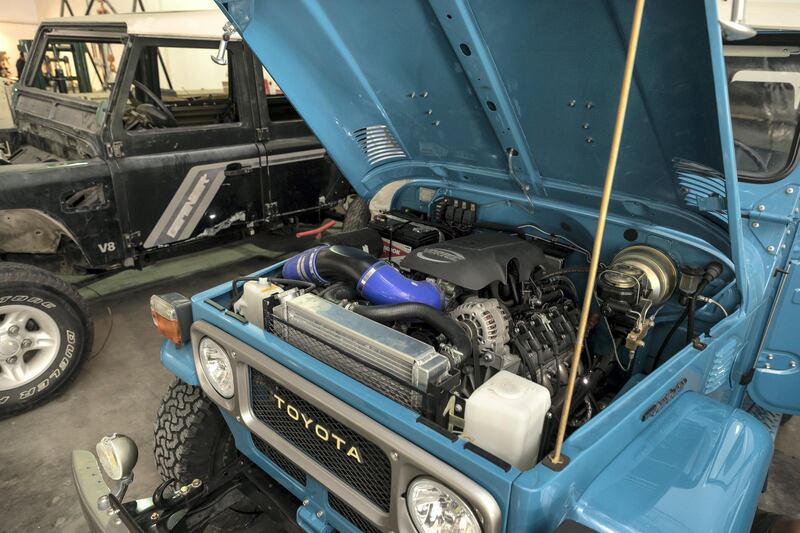DUBAI, UNITED ARAB EMIRATES. 04 FEBRUARY 2018. Workshop visit to Dubai company Sebsports that restores vintage Land Rovers And Toyota Land Cruisers to concours standard at their Al Quoz workshop. A Resto-Mod Sky blue hard top Fj43 with a new modern Chevy LS 6.0L 400hp engine. Photo: Antonie Robertson/The National) Journalist: Adam Workman. Section: Motoring.