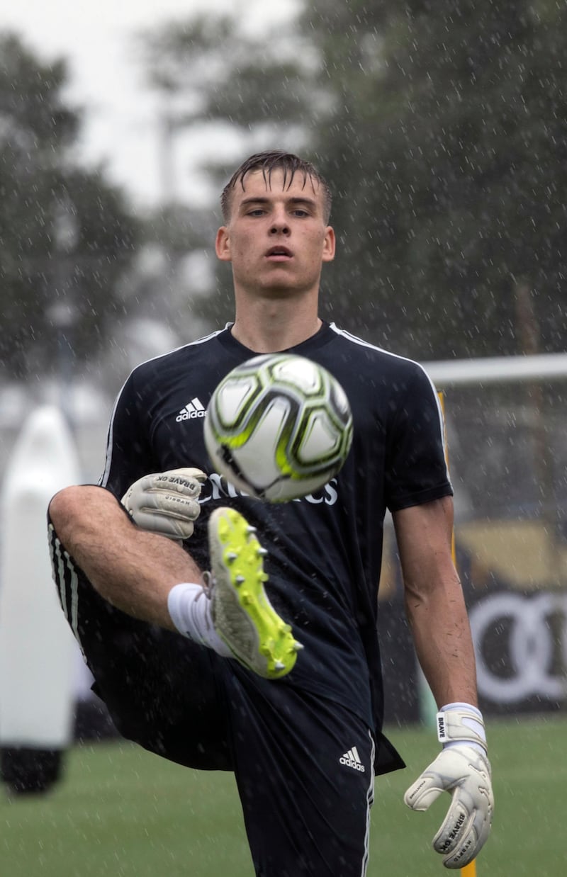 Real Madrid goalkeeper Andriy Lunin trains at Florida International University in Miami. AP Photo
