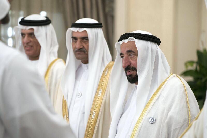 ABU DHABI, UNITED ARAB EMIRATES - August 21, 2018: HH Dr Sheikh Sultan bin Mohamed Al Qasimi, UAE Supreme Council Member and Ruler of Sharjah (R) and HH Sheikh Hamad bin Mohamed Al Sharqi, UAE Supreme Council Member and Ruler of Fujairah (2nd R) attend an Eid Al Adha reception at Mushrif Palace.

( Mohamed Al Hammadi / Crown Prince Court - Abu Dhabi )
---