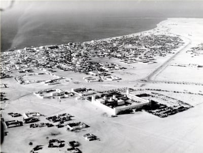 Aerial photograph of Abu Dhabi with Qasr Al Hosn in the foreground, 1966 © BP plc, Courtesy of National Archives