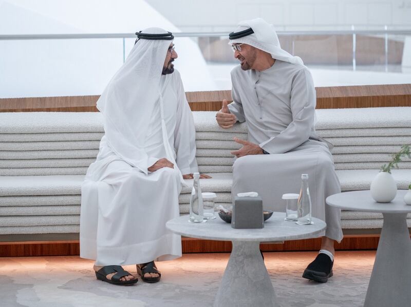 Sheikh Mohammed bin Rashid meets Sheikh Mohamed bin Zayed at the UAE pavilion of Expo 2020 Dubai. Photo: Dubai Media Office
