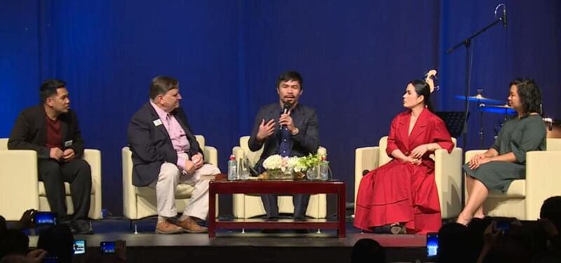 Boxer Manny Pacquiao talks during a special Fellowship church service held at Jumeirah Madinat Arena. The boxing legend and Filipino Senator was interviewed by Pastor Jim Burgess about the difference God has made in his life, family, and career. Screengrab via Youtube Live