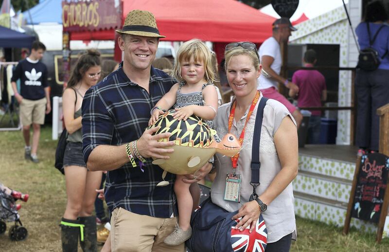 KINGHAM, OXFORDSHIRE - AUGUST 28:  Mike Tindall, Zara Tindell and their daughter Mia Tindall pose for a photograph during day three of The Big Feastival at Alex James' Farm on August 28, 2016 in Kingham, Oxfordshire.  (Photo by Tim P. Whitby/Getty Images)