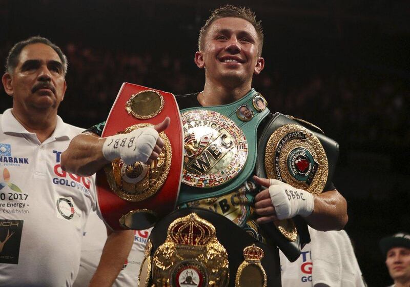Kazakhstan's Gennady Golovkin celebrates his victory over Britain's Kell Brook during the WBC, IBF and IBO world middleweight boxing title bout at The O2 Arena in London Saturday, September 10, 2016. Nick Potts / PA