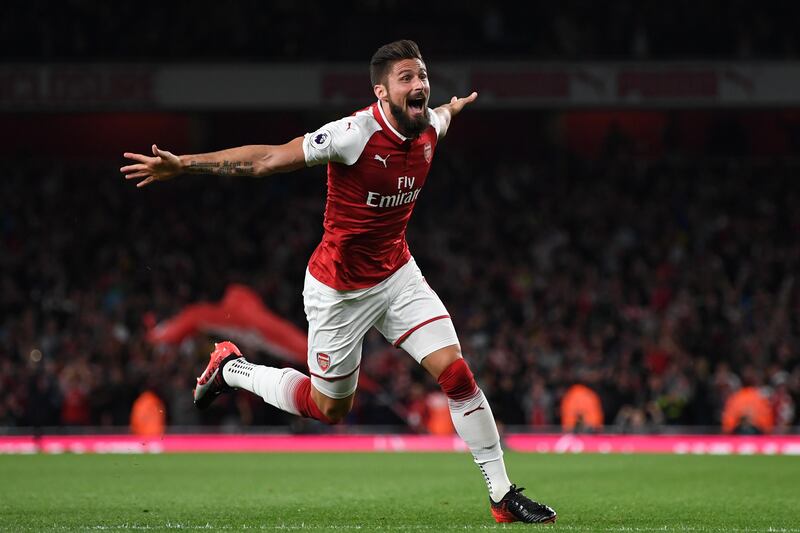 LONDON, ENGLAND - AUGUST 11:  Olivier Giroud of Arsenal celebrates after scoring his team's fourth goal during the Premier League match between Arsenal and Leicester City at the Emirates Stadium on August 11, 2017 in London, England.  (Photo by Shaun Botterill/Getty Images)