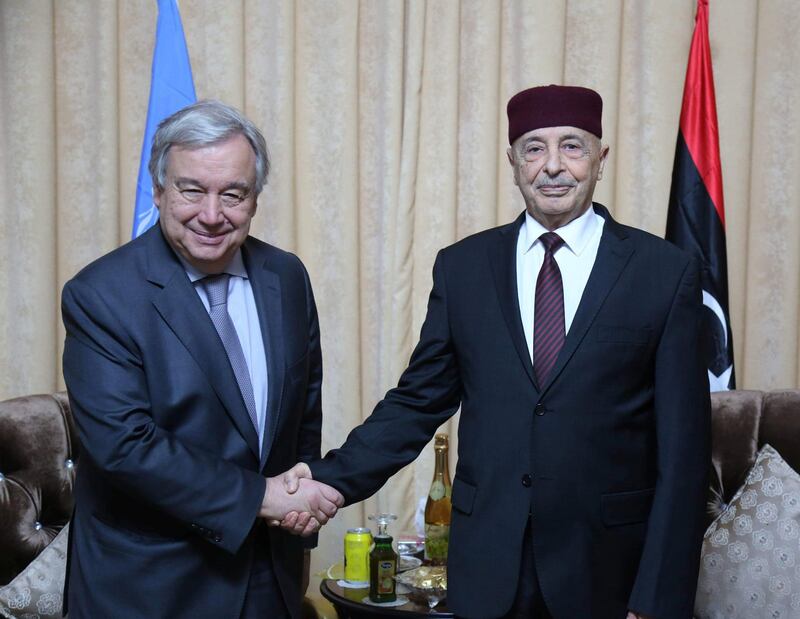 Aguila Saleh, Libya's parliament president, shakes hand with Secretary General of the United Nations Antonio Guterres in Tobruk, Libya April 5, 2019. Libyan parliament media office/Handout via REUTERS ATTENTION EDITORS - THIS IMAGE WAS PROVIDED BY A THIRD PARTY. NO RESALES. NO ARCHIVE.