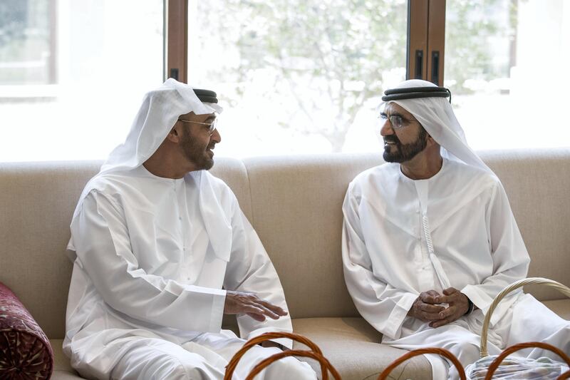 AL MARGHAM, DUBAI, UNITED ARAB EMIRATES - August 09, 2017: HH General Sheikh Mohamed bin Zayed Al Nahyan Crown Prince of Abu Dhabi Deputy Supreme Commander of the UAE Armed Forces (L), attends a lunch reception hosted by HH Sheikh Mohamed bin Rashid Al Maktoum, Vice-President, Prime Minister of the UAE, Ruler of Dubai and Minister of Defence (R). 
( Ryan Carter / Crown Prince Court - Abu Dhabi )
---