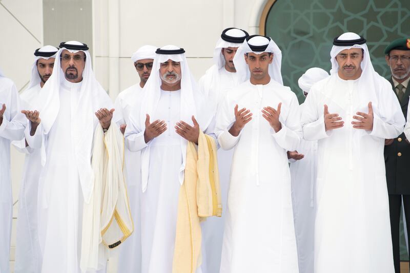 ABU DHABI, UNITED ARAB EMIRATES - September 01, 2017: (L-R) HE Dr Mohamed Saeed Al Badi, HH Sheikh Nahyan bin Mubarak Al Nahyan, UAE Minister of Culture and Knowledge Development, HH Sheikh Khaled bin Zayed Al Nahyan, Chairman of the Board of Zayed Higher Organization for Humanitarian Care and Special Needs (ZHO) and HH Sheikh Abdullah bin Zayed Al Nahyan, UAE Minister of Foreign Affairs and International Cooperation, after Eid Al Adha prayers at the Sheikh Zayed Grand Mosque.

( Hamad Al Kaabi / Crown Prince Court - Abu Dhabi )
—