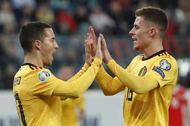 Eden Hazard (L) and his brother Thorgan celebrate during Belgium's 4-1 victory over Russia in their Euro 2020 qualifying match St Petersburg. EPA