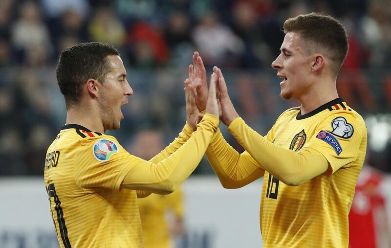 epa08002099 Eden Hazard (L) and Thorgan Hazard (R) of Belgium celebrates after scoring during the UEFA Euro 2020 Group I qualifying soccer match between Russia and Belgium at the Gazprom Arena in St. Petersburg, Russia, 16 November 2019.  EPA/ANATOLY MALTSEV