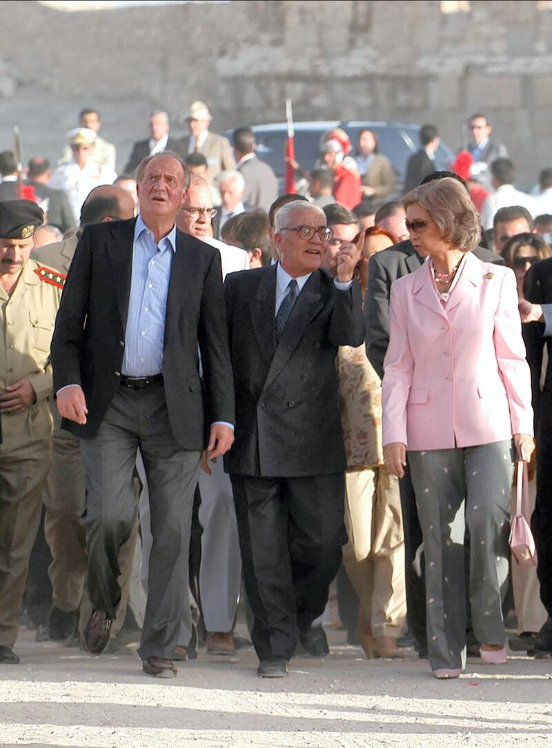 File photo of King Juan Carlos and Queen Sofia of Spain along with Syrian archaeologist Khaled al-Asaad visiting the ancient city of Palmyra, Syria, October 21, 2003. Al-Asaad who looked after ancient ruins of Palmyra for 40 years is reported to have been killed by Islamic State (IS) militants. Khaled al-Asaad had been held for about a month by the group, which seized the Unesco World Heritage site in May. Photo by Ammar Abd Rabbo/ABACAPRESS.COM