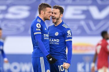 LEICESTER, ENGLAND - DECEMBER 26: Jamie Vardy of Leicester City celebrates with teammate James Maddison after scoring their sides second goal during the Premier League match between Leicester City and Manchester United at The King Power Stadium on December 26, 2020 in Leicester, England. The match will be played without fans, behind closed doors as a Covid-19 precaution. (Photo by Michael Regan/Getty Images)