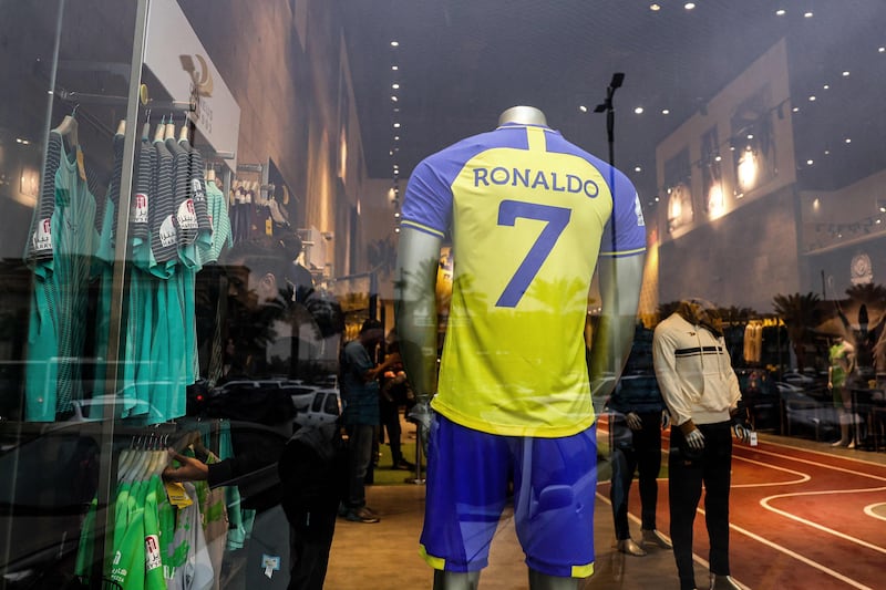 Jersey of Saudi club Al Nasr's new signing Cristiano Ronaldo at a store in Riyadh. AFP