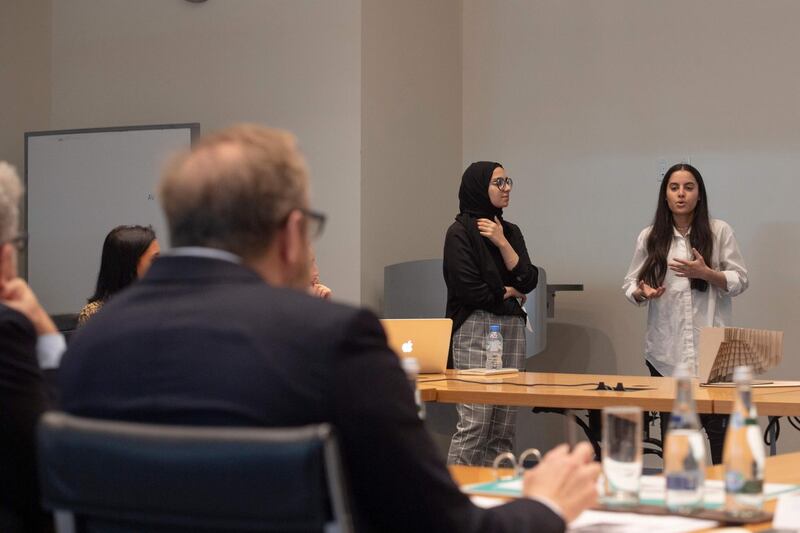 Sara Mohamed and Laura AlDhahi present 'Haweia' to the Christo and Jeanne-Claude Award jury. Courtesy NYUAD