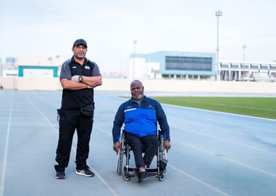 DUBAI, UNITED ARAB EMIRATES. 17 DECEMBER 2020. 
Emirati Paralympian powerlifter Mohammed Khamis Khalaf and his coach Titou Kacem, at Dubai Club for People of Determination.
(Photo: Reem Mohammed/The National)

Reporter:
Section: