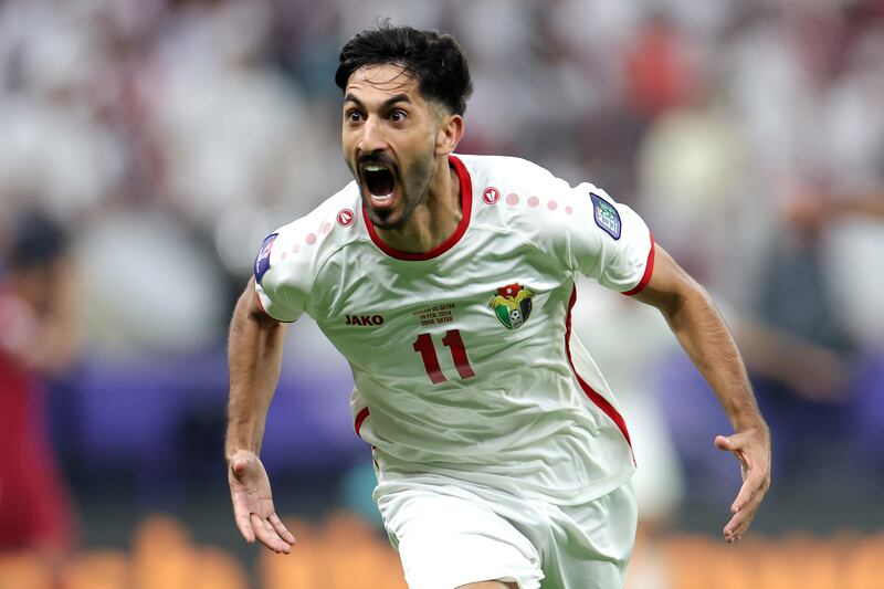 Yazan Al Naimat of Jordan celebrates scoring his side's first goal. Getty Images