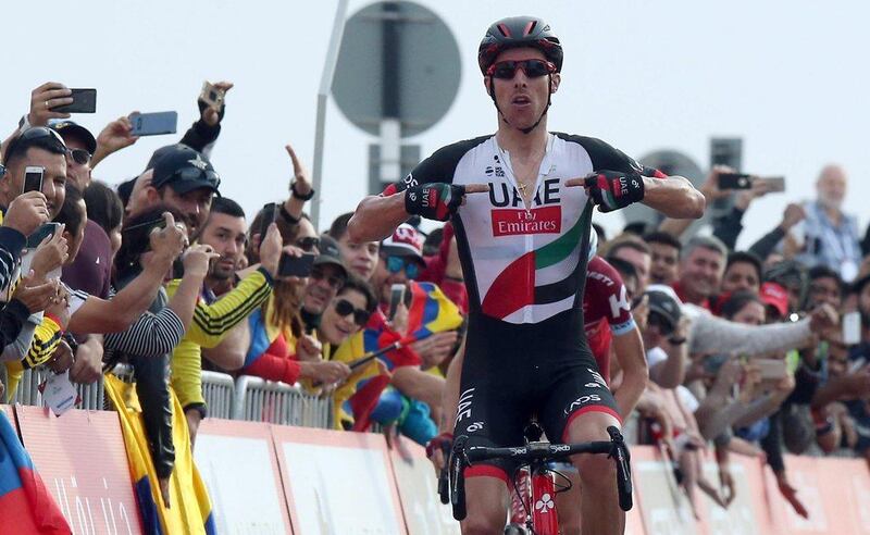 Portuguese rider Rui Costa of the UAE Team Emirates celebrates after winning third stage of the Abu Dhabi Tour on February 25, 2017. Matteo Bazzi / EPA