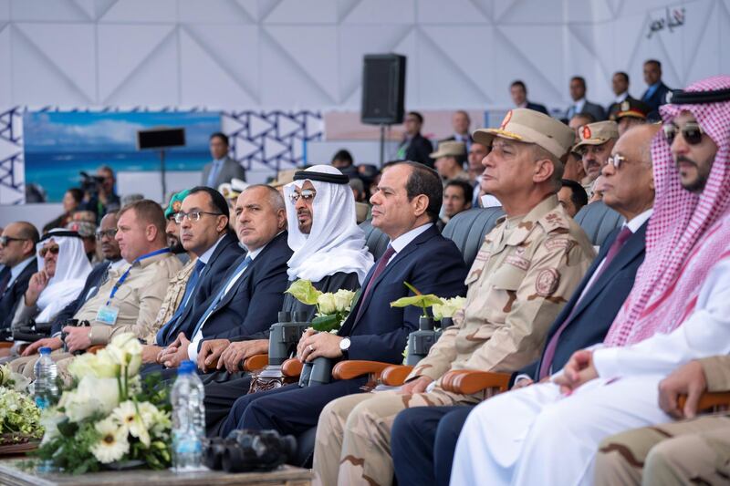 BERENICE, EGYPT - January 15, 2020: HH Sheikh Mohamed bin Zayed Al Nahyan, Crown Prince of Abu Dhabi and Deputy Supreme Commander of the UAE Armed Forces (5th R) and HE Abdel Fattah El Sisi, President of Egypt (4th R), attend the opening ceremony of Berenice Military Base. Seen with HE Boyko Borissov, Prime Minister of Bulgaria (6th R).

( Hamad Al Kaabi /  Ministry of Presidential Affairs )
—