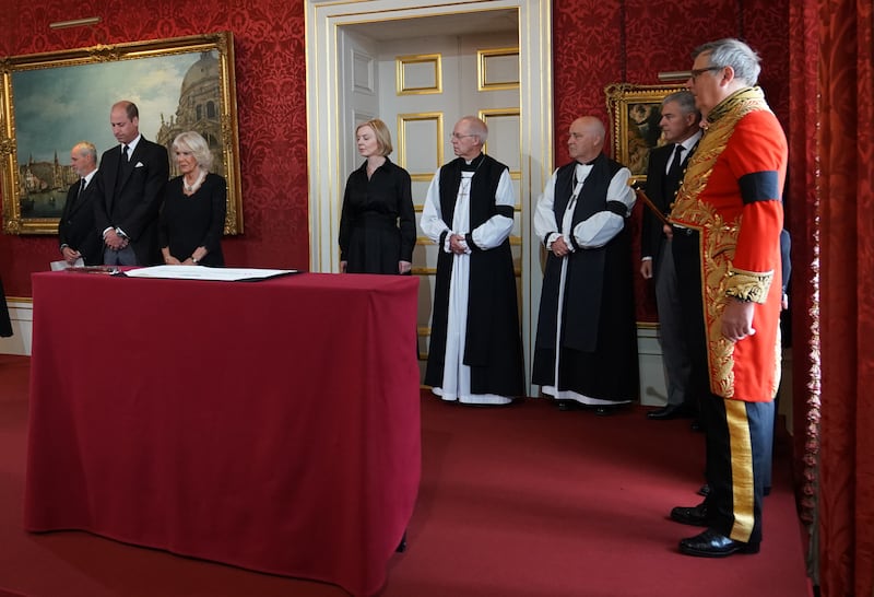 From second left, Prince William, the queen consort, Prime Minister Liz Truss, Archbishop of Canterbury Justin Welby and Archbishop of York Stephen Cottrell attend the Accession Council ceremony at St James's Palace in London. PA