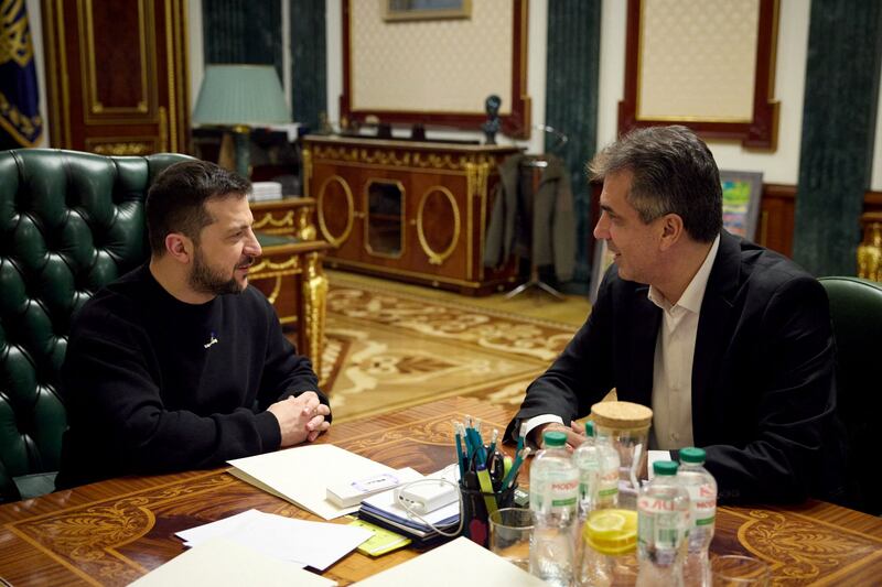 Ukraine's President Volodymyr Zelenskyy, left, meets Israel's Foreign Minister Eli Cohen in Kyiv. AFP
