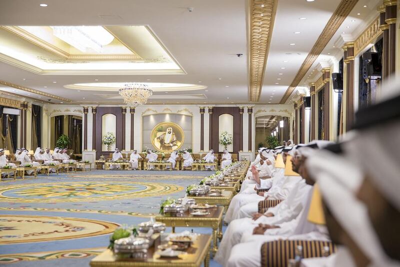 Rulers of the Emirates gather at Mushrif Palace for an iftar reception. They performed Maghreb prayers and attended a banquet. Mohamed Al Hammadi / Crown Prince Court — Abu Dhabi