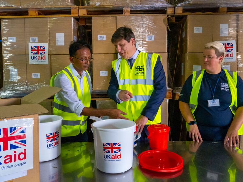 Patrick Moody, British ambassador to the UAE, with employees at the Modern Freight Company in Jebel Ali where aid packages are being prepared for flood victims in Pakistan. All photos: British Embassy Office Dubai