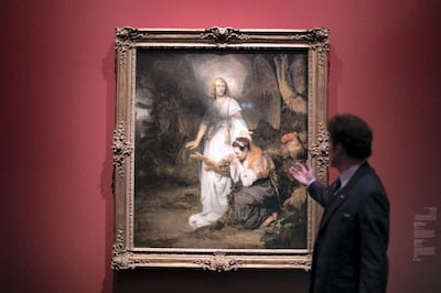 ABU DHABI, UNITED ARAB EMIRATES - FEBRUARY, 12 2019.

Carel Fabritus's Hagar and the Angel, showing at Rembrandt, Vermeer & the Dutch Golden Age Masterpieces exhibition in the Louvre Abu Dhabi.

(Photo by Reem Mohammed/The National)

Reporter: 
Section:  NA