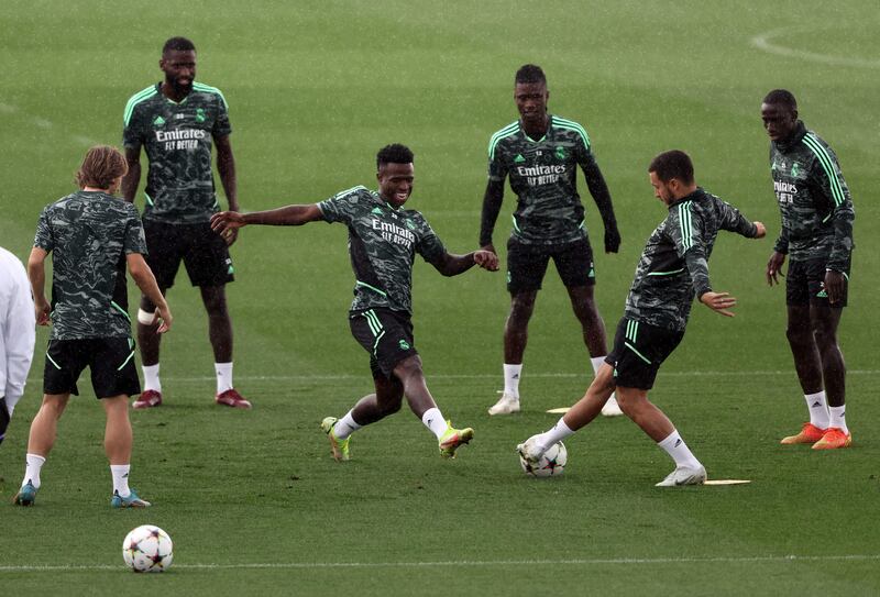 Real Madrid players during training on the eve of their Champions League match against RB Leipzig. AFP