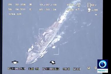 A video grab made available by Iranian state television shows drone footage released by Iran's Revolutionary Guards filming US Navy ships in the Strait of Hormuz. EPA
