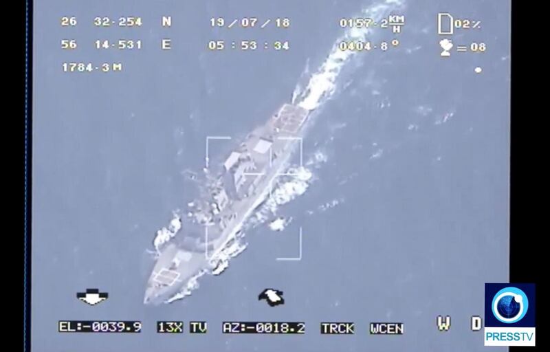 epa07727574 A video grab made available by Iranian state television's English-language service, Press TV reportedly shows the footage released by Iranian revolutionary guard (IRGC) from its drone which shows US navy ships in the Strait of Hormuz, 18 July 2019 (issued 19 July 2019). Iran's Islamic Revolutionary Guards Corps (IRGC) has released footage captured by an Iranian drone flying over the Strait of Hormuz and monitoring a United States Navy vessel. The release comes after the US said on 18 July 2019 that the USS Boxer had shot down an Iranian drone.  EPA/PTV HANDOUT  HANDOUT EDITORIAL USE ONLY/NO SALES
