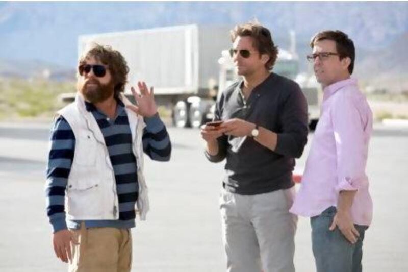 Zach Galifianakis, Bradley Cooper and Ed Helms in The Hangover Part III, which heads in a darker direction than previous instalments. Courtesy Warner Bros. Pictures