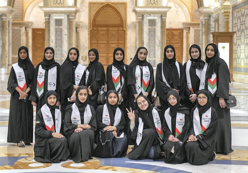 Abu Dhabi, United Arab Emirates - Twenty-eight pupils from across the United Arab Emirates traveling across all the seven on a journey of national identity at Qasr Al Watan. Khushnum Bhandari for The National
