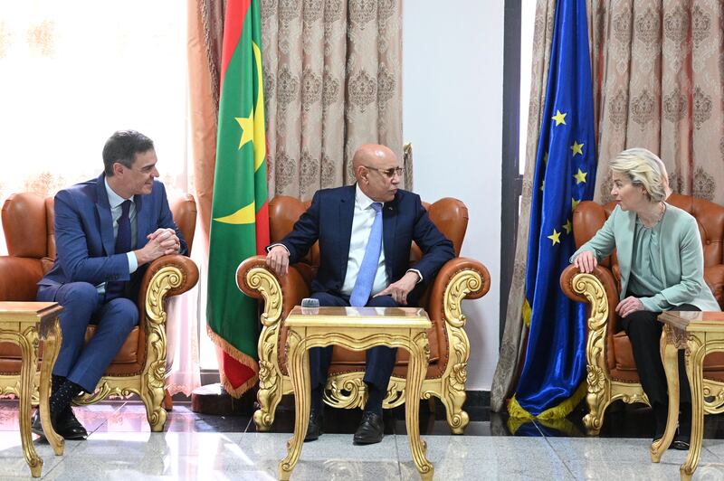 European Commission President Ursula von der Leyen and Spanish Prime Minister Pedro Sanchez meet Mauritanian President Mohamed Ould Ghazouani in Nouakchott on Thursday. AFP