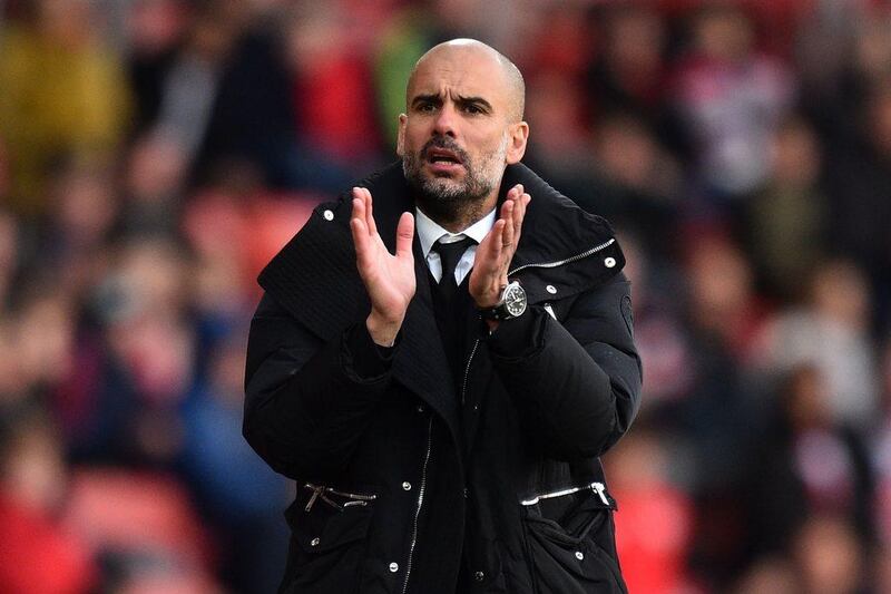Manchester City's Spanish manager Pep Guardiola gestures on the touchline during the English Premier League football match against Southampton at St Mary's Stadium in Southampton, southern England on April 15, 2017.

Glyn Kirk / AFP