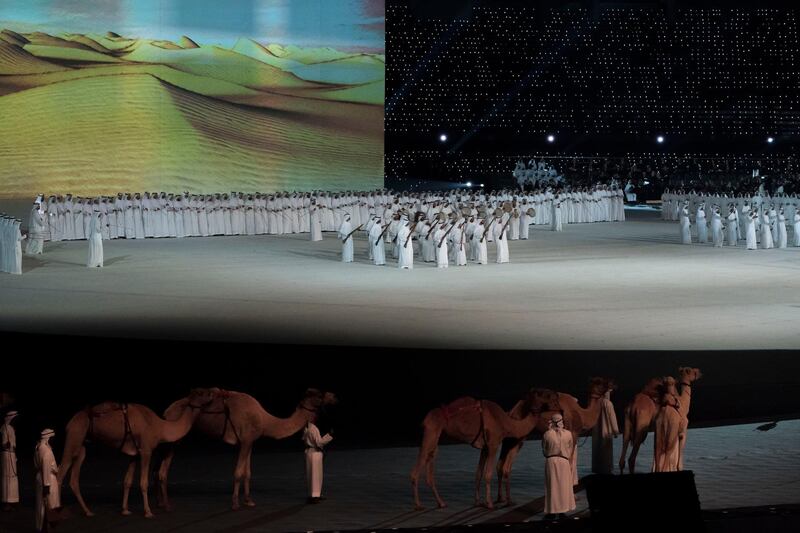 ABU DHABI, UNITED ARAB EMIRATES - December 02, 2018: Performers participate in a show titled 'This is Zayed, This is UAE', during the 47th UAE National Day celebrations, at Zayed Sports City.

( Hamad Al Mansouri for the Ministry of Presidential Affairs  )
---