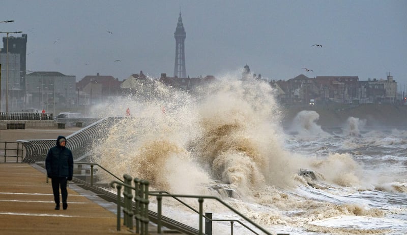 Waves crash on to the seafront in Blackpool. Storm Dudley hit the north of England and southern Scotland from Wednesday night into Thursday morning. PA