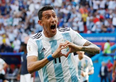 Soccer Football - World Cup - Round of 16 - France vs Argentina - Kazan Arena, Kazan, Russia - June 30, 2018  Argentina's Angel Di Maria celebrates scoring their first goal   REUTERS/John Sibley